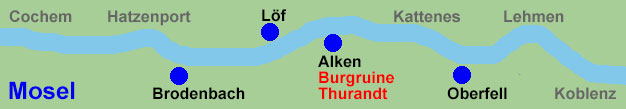 Moselschifffahrt zwischen Brodenbach, Lf, Alken, Burgruine Thurandt und Oberfell.