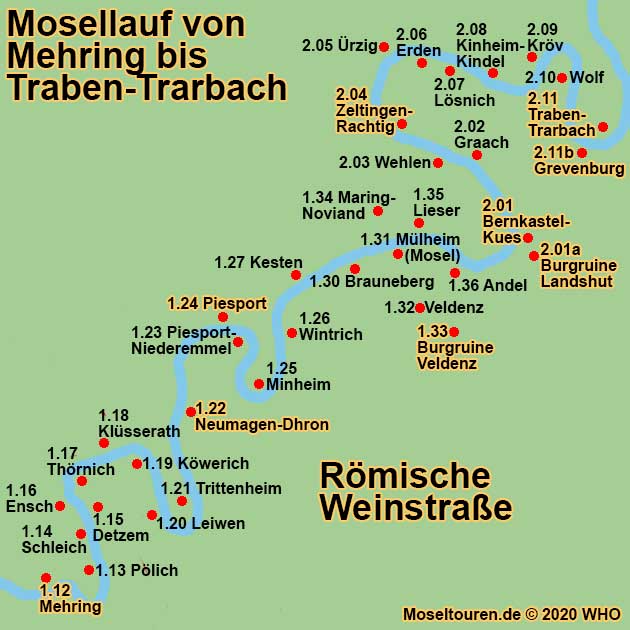 Landkarte Mosel: Mosellauf von Mehring entlang Plich, Schleich, Detzem, Ensch, Thrnich, Klsserath, Kwerich, Leiwen, Trittenheim, Neumagen-Dhron, Piesport-Niederemmel, Piesport, Wallfahrtskirche und Kloster Klausen, Minheim, Wintrich, Kesten, Neu Filzen, Brauneberg, Mlheim (Mosel), Burgruine Veldenz, Maring-Noviand, Lieser, Bernkastel-Kues, Andel bis Burgruine Landshut.