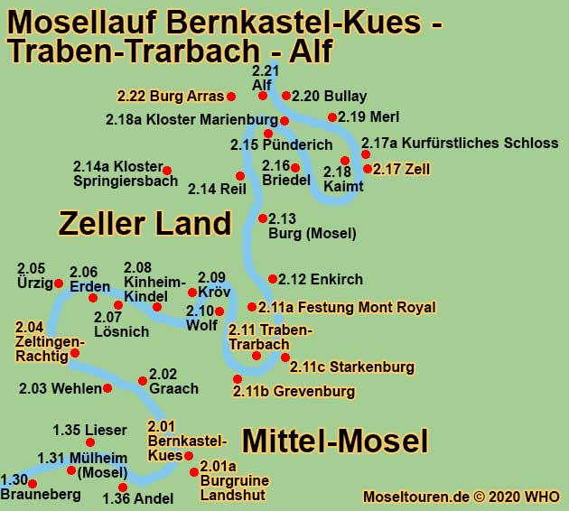 Landkarte Mosel: Mosellauf von Brauneberg entlang Mlheim (Mosel), Lieser, Andel, Bernkastel-Kues, Burgruine Landshut, Graach, Wehlen, Zeltingen-Rachtig, rzig, Erden, Lsnich, Kinheim-Kindel, Krv, Wolf, Traben-Trarbach, Festung Mont Royal, Grevenburg, Starkenburg, Enkirch, Burg, Reil, Kloster Springiersbach, Pnderich, Briedel, Zell, Kurfrstliches Schloss, Zell-Kaimt, Kloster Marienburg, Zell-Merl, Bullay, Alf und Burg Arras.