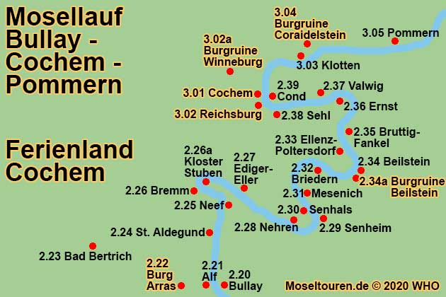 Landkarte Mosel: Mosellauf von Bullay entlang Alf, Burg Arras, Bad Bertrich, St. Aldegund, Neef, Bremm, Klosteruine Stuben, Ediger-Eller, Nehren, Senheim, Senhals, Mesenich, Briedern, Ellenz-Poltersdorf, Beilstein, Burgruine Beilstein, Bruttig-Fankel, Ernst, Valwig, Cochem-Sehl, Cochem-Cond, Cochem, Reichsburg, Burgruine Winneburg, Kapuzinerkloster, Klotten, Burgruine Coraidelstein und Pommern.