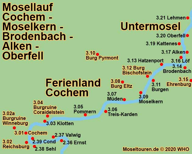 Landkarte Mosel: Mosellauf von Ernst entlang Valwig, Sehl, Cond, Cochem, Reichsburg, Burgruine Winneburg, Kapuzinerkloster, Klotten, Burgruine Coraidelstein, Pommern, Treis-Karden, Mden, Burg Eltz, Moselkern, Burg Pyrmont, Burgen, Burg Bischofstein, Hatzenport, Brodenbach, Ehrenburg, Lf, Alken, Burgruine Thurandt, Kattenes, Oberfell und Lehmen.