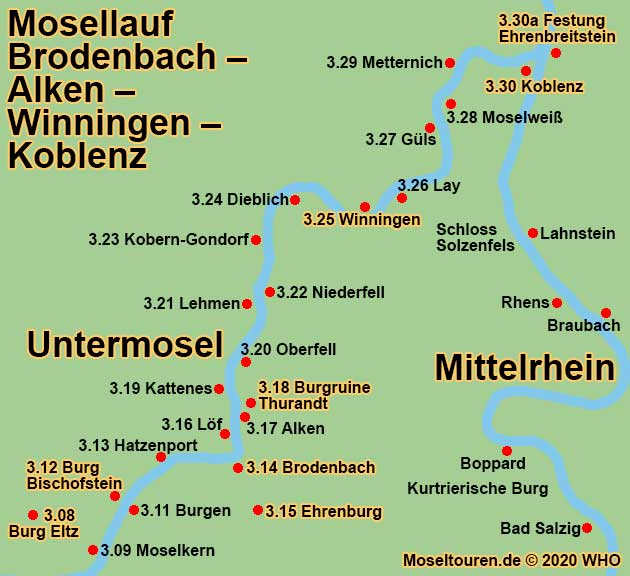 Landkarte Mosel: Mosellauf von Burg Eltz entlang Moselkern, Burg Pyrmont, Burgen, Burg Bischofstein, Hatzenport, Brodenbach, Ehrenburg, Lf, Alken, Burgruine Thurandt, Kattenes, Oberfell, Lehmen, Niederfell, Kobern-Gondorf, Dieblich, Winningen, Lay, Gls, Moselwei, Metternich und Koblenz.