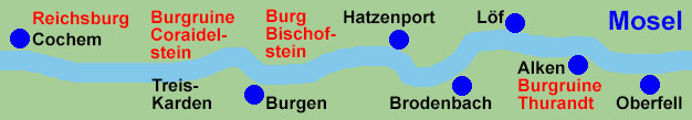 Moselschifffahrt zwischen Cochem, Burgruine Coraidelstein, Treis-Karden, Burgen, Burg Bischofstein, Hatzenport, Brodenbach, Löf, Alken, Burgruine Thurandt und Oberfell.